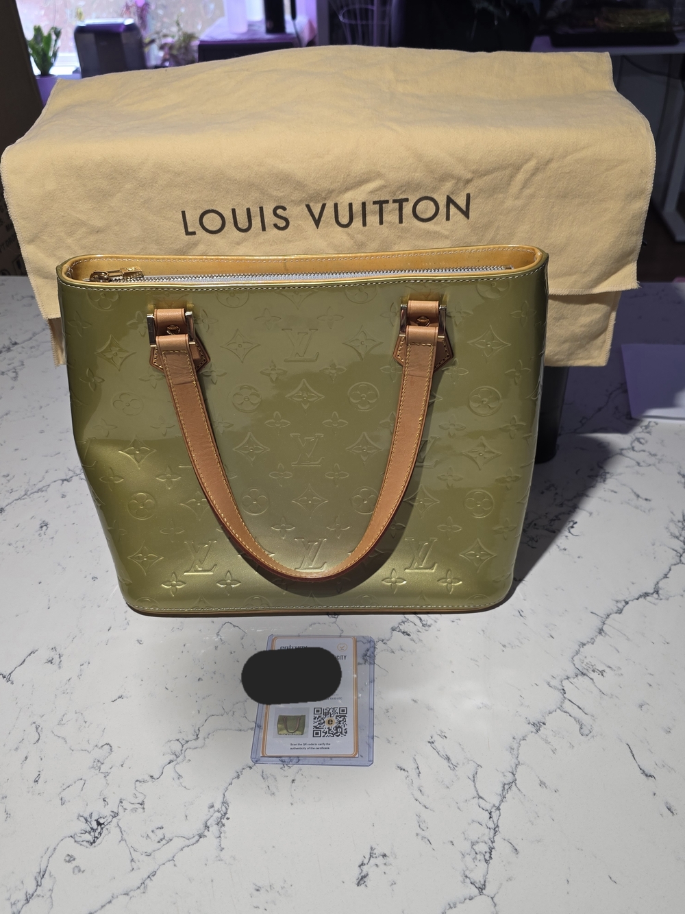 Louis Vuitton Olive Green Vernis Monogram Tote with Tan Handles